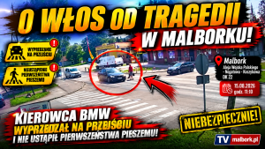 O włos od tragedii w Malborku. Kierowca BMW wyprzedzał na przejściu i nie ustąpił pierwszeństwa pieszemu