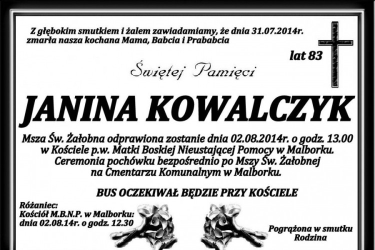 ZMARŁA JANINA KOWALCZYK. ŻYŁA 83 LATA.