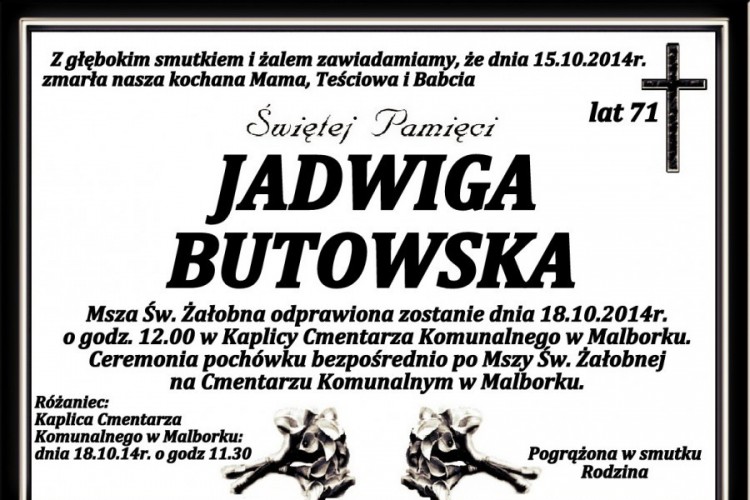 ZMARŁA JADWIGA BUTOWSKA . ŻYŁA 71 LAT.