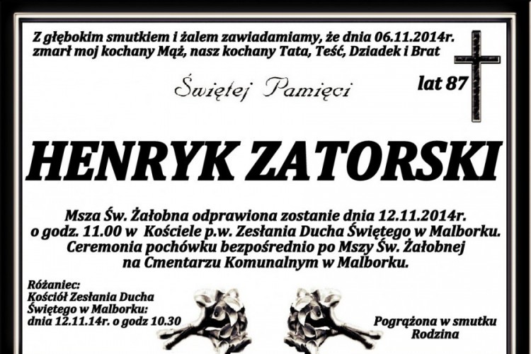 ZMARŁ HENRYK ZATORSKI. ŻYŁ 87 LAT.