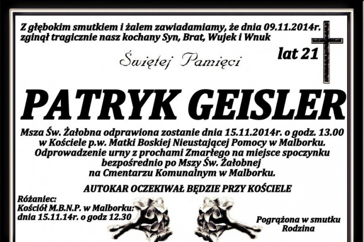 ZMARŁ PATRYK GEISLER. ŻYŁ 21 LAT