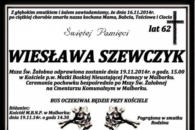 ZMARŁA WIESŁAWA SZEWCZYK. ŻYŁA 62 LATA.