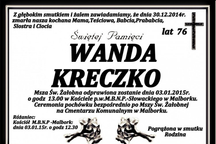 ZMARŁA WANDA KRECZKO. ŻYŁA 76 LAT.