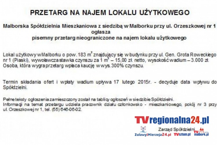 PRZETARG NA LOKAL UŻYTKOWY W MALBORKU O POW. 183 M2 UL. GEN. GROTA ROWECKIEGO&#8230;