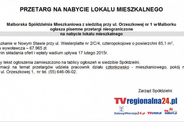 PRZETARG: NABYCIE LOKALU MIESZKALNEGO MIESZKANIE W NOWYM STAWIE PRZY UL.&#8230;