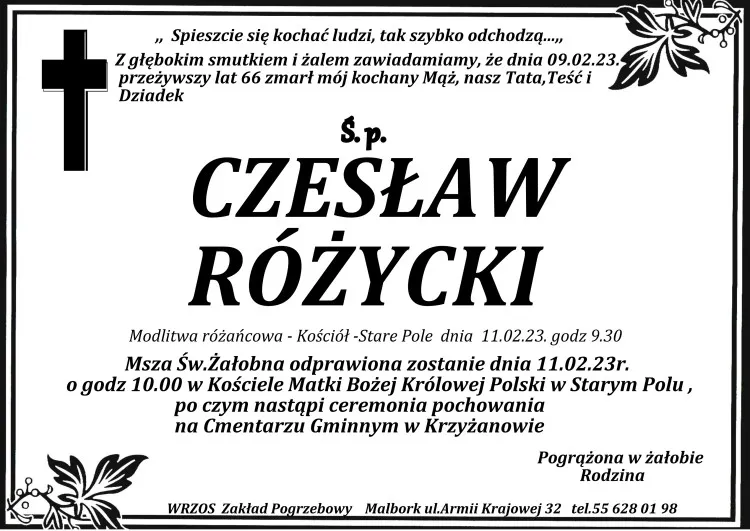 Zmarł Czesław Różycki. Żył 66 lat.