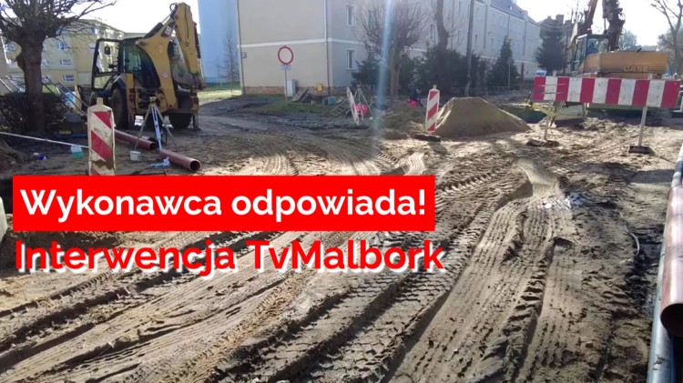AKTUALIZACJA. Malbork. Prace na ul. Nowowiejskiego - problem z wjazdem pod budynek i garaże przy ul. Wybickiego 5.