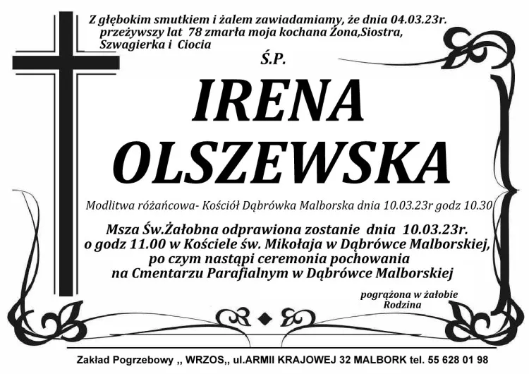 Zmarła Irena Olszewska. Miała 78 lat.