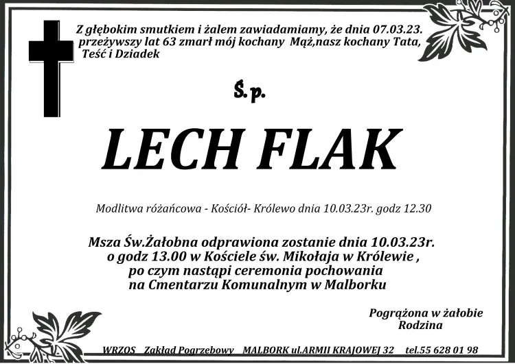 Zmarł Lech Flak. Żył 63 lata.