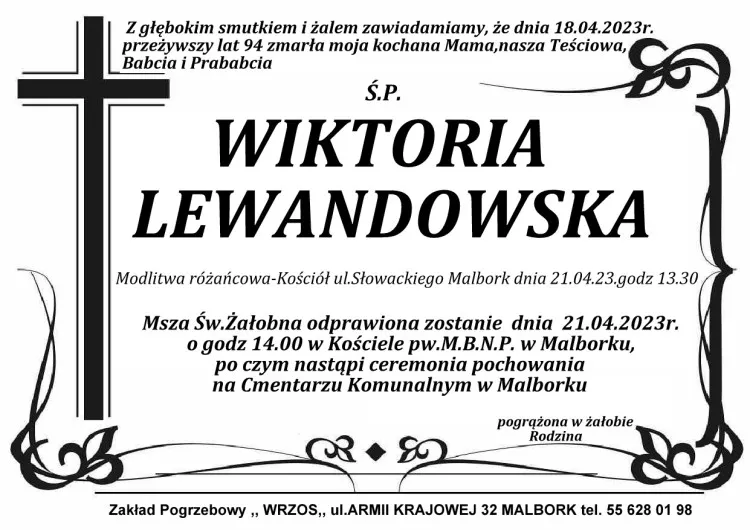 Zmarła Wiktoria Lewandowska. Miała 94 lata.