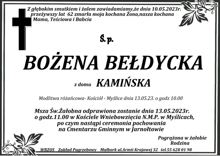 Zmarła Bożena Bełdycka. Żyła 62 lata.