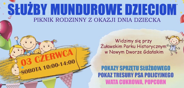 Nowy Dwór Gdański. Służby mundurowe dzieciom – piknik z okazji Dnia Dziecka.