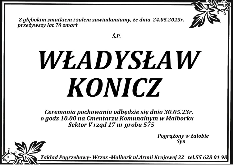 Zmarł Władysław Konicz. Miał 70 lat.