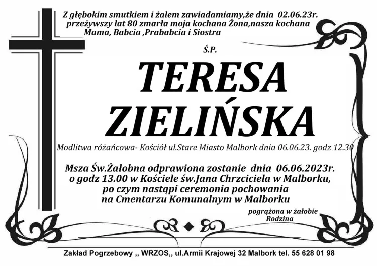 Zmarła Teresa Zielińska. Miała 80 lat. 