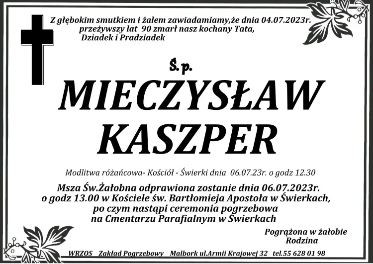 Zmarł Mieczysław Kaszper. Żył 90 lat.