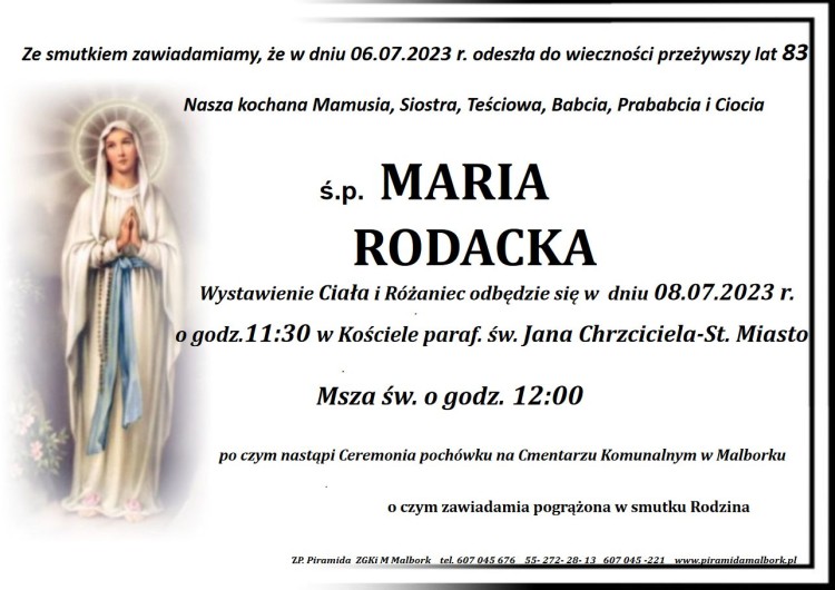 Zmarła Maria Rodacka. Miała 83 lata.
