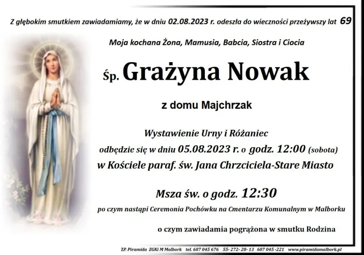 Zmarła Grażyna Nowak. Żyła 69 lat.