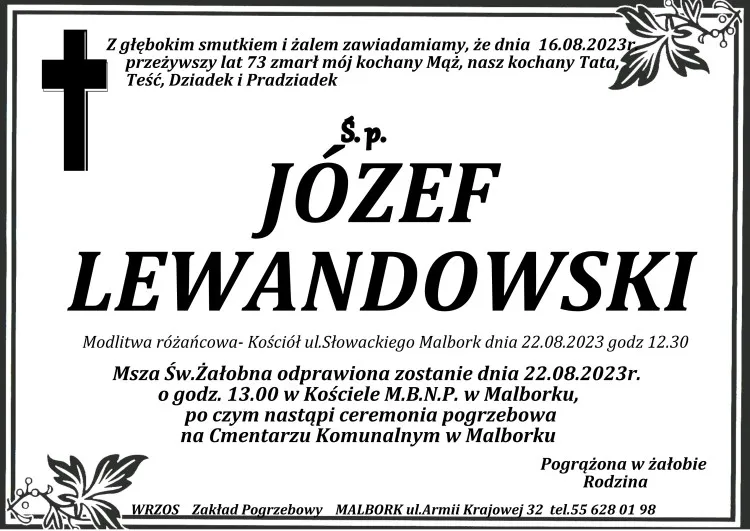 Zmarł Józef Lewandowski. Miał 73 lata.