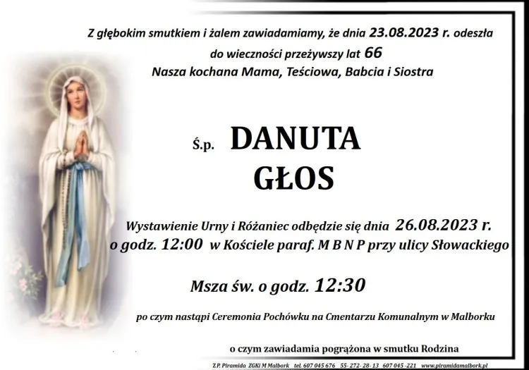 Zmarła Danuta Głos. Żyła 66 lat.