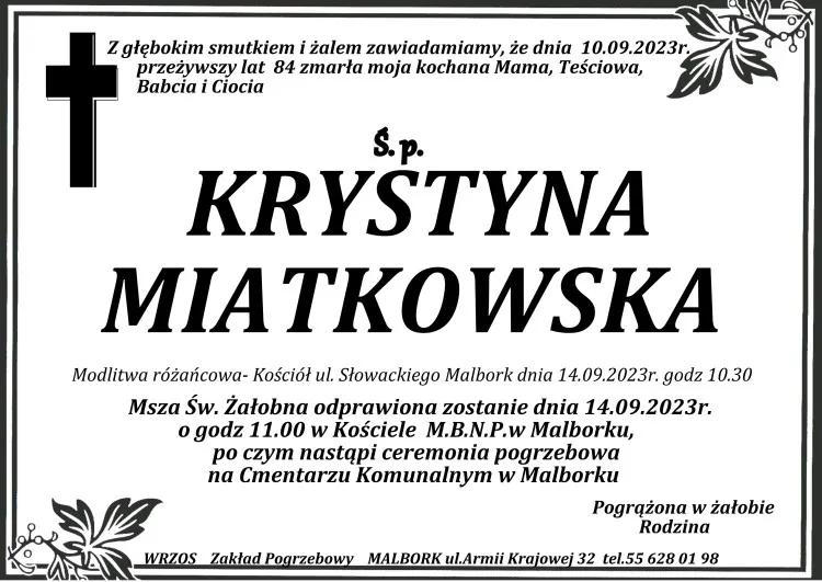 Zmarła Krystyna Miatkowska. Miała 84 lata.