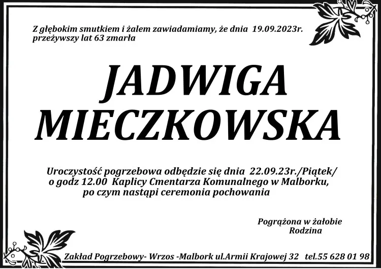 Zmarła Jadwiga Mieczkowska. Miała 63 lata.