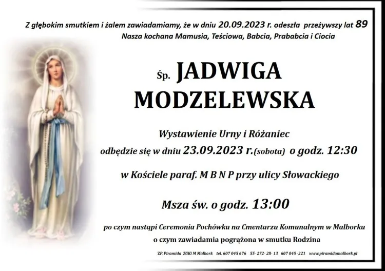 Zmarła Jadwiga Modzelewska. Miała 89 lat.