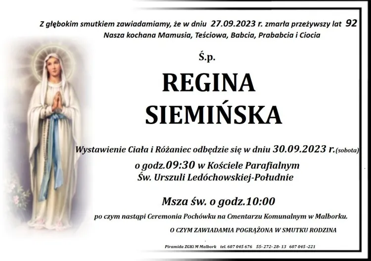 Zmarła Regina Siemińska. Żyła 92 lata.