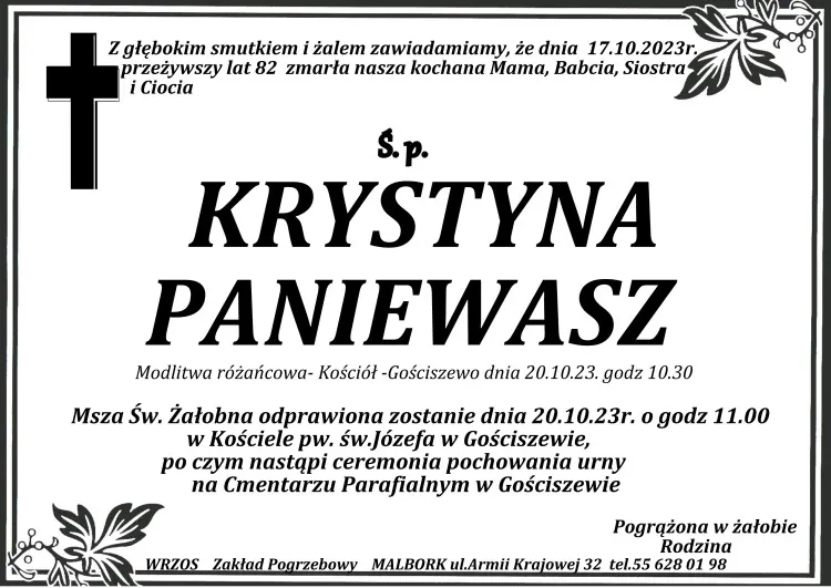 Zmarła Krystyna Paniewasz. Miała 82 lata.