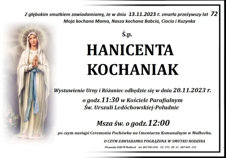 Odeszła Hanicenta Kochaniak. Żyła 72 lata.