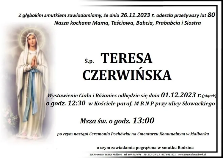 Zmarła Teresa Czerwińska. Miała 80 lat.