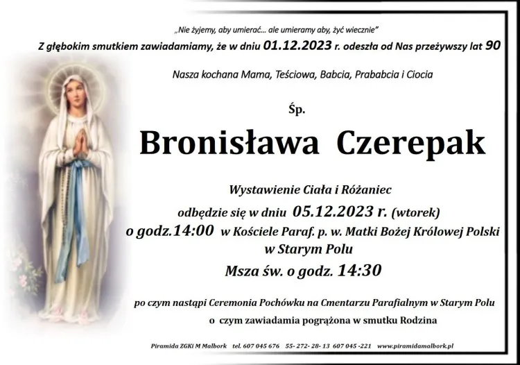 Zmarła Bronisława Czerepak. Miała 90 lat.