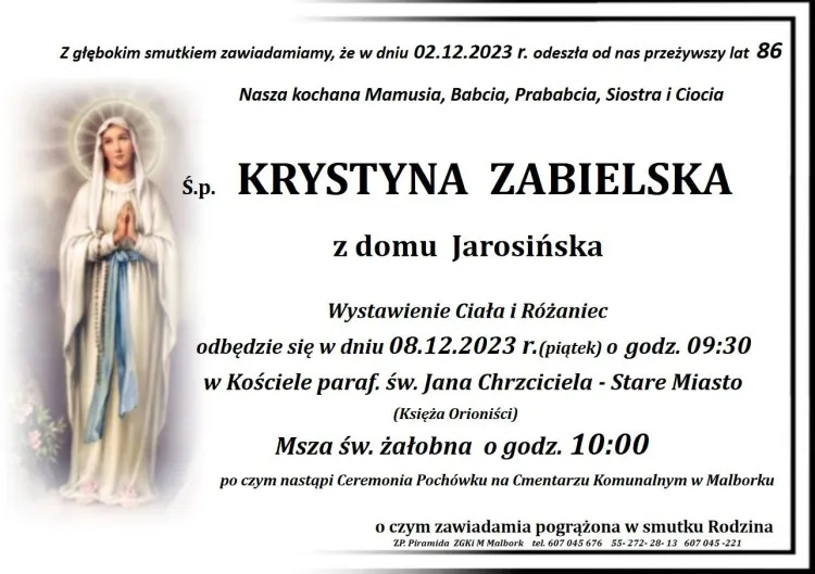 Odeszła Krystyna Zabielska. Miała 86 lat.