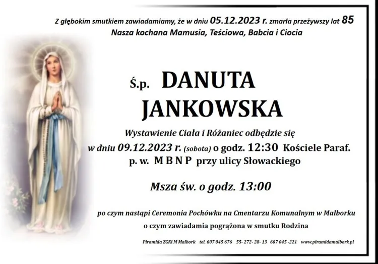 Zmarła Danuta Jankowska. Żyła 85 lat.
