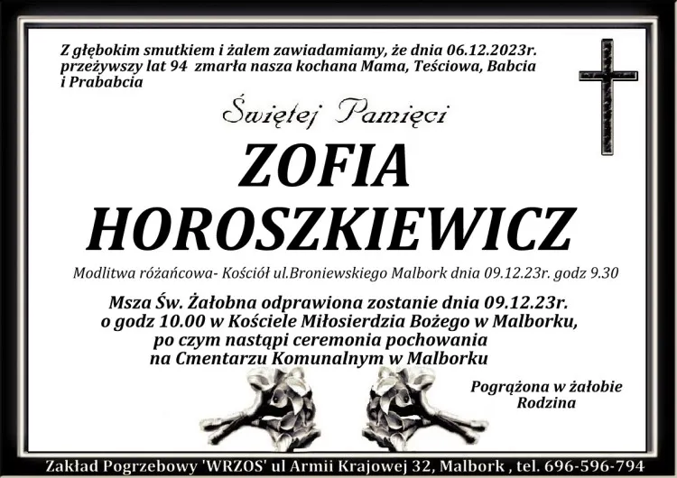Zmarła Zofia Horoszkiewicz. Żyła 94 lata.