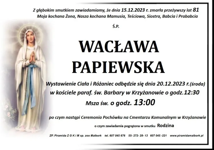 Zmarła Wacława Papiewska. Miała 81 lat.