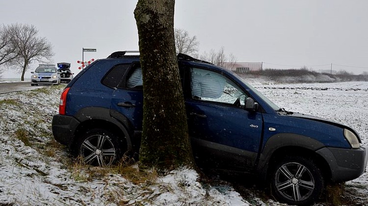 Gmina Nowy Staw. Auto wpadło w poślizg i uderzyło w drzewo - kobieta trafiła do szpitala.