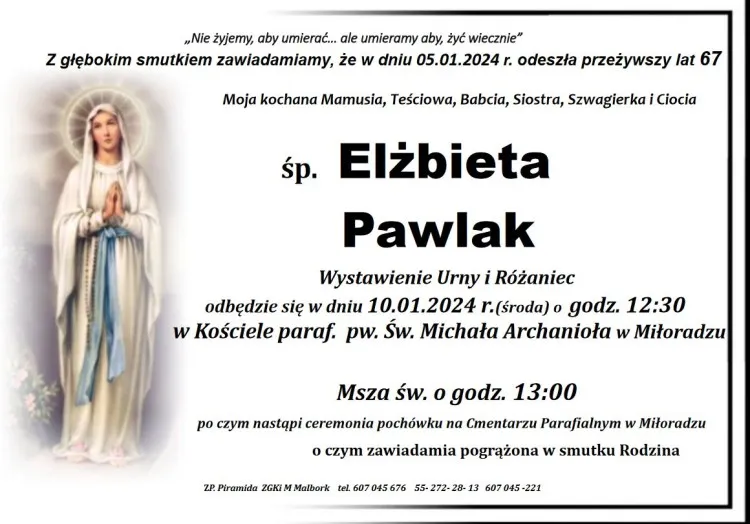 Zmarła Elżbieta Pawlak. Miała 67 lat.