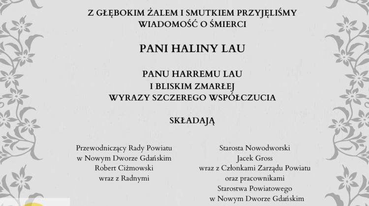 Kondolencje Starosty Nowodworskiego, Członków Zarządu, Pracowników…