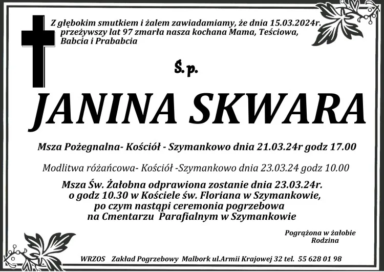 Zmarła Janina Skwara. Miała 97 lat.