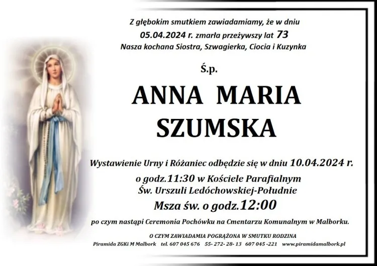 Zmarła Anna Maria Szumska. Miała 73 lata.
