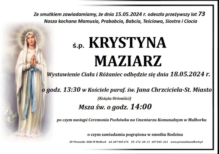 Zmarła Krystyna Maziarz. Miała 73 lata.