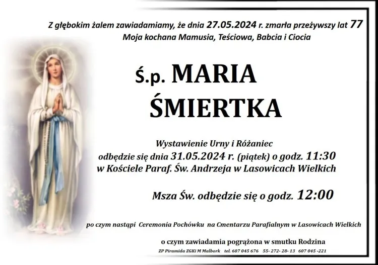 Zmarła Maria Śmiertka. Miała 77 lat.