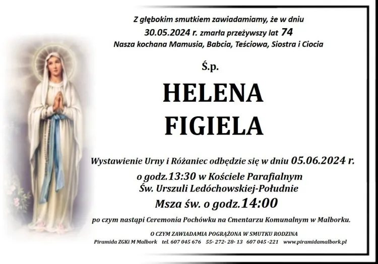 Zmarła Helena Figiela. Miała 74 lata.