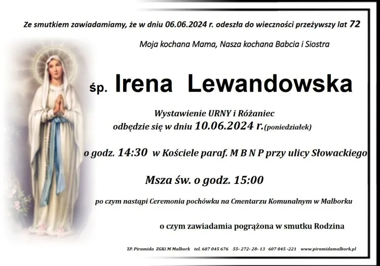 Zmarła Irena Lewandowska. Miała 72 lata.
