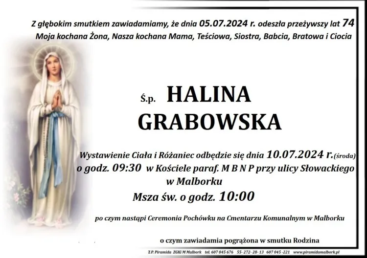 Zmarła Halina Grabowska. Żyła 74 lata.