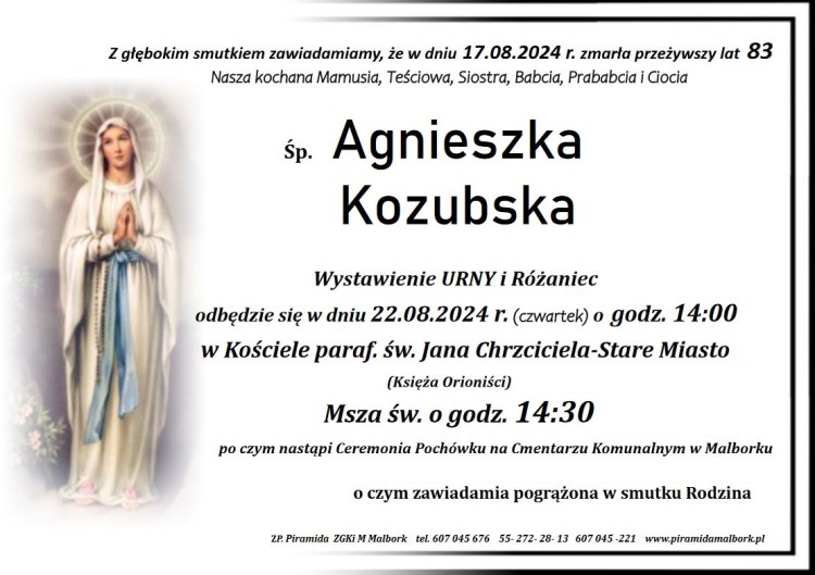 Zmarła Agnieszka Kozubska. Miała 83 lata.