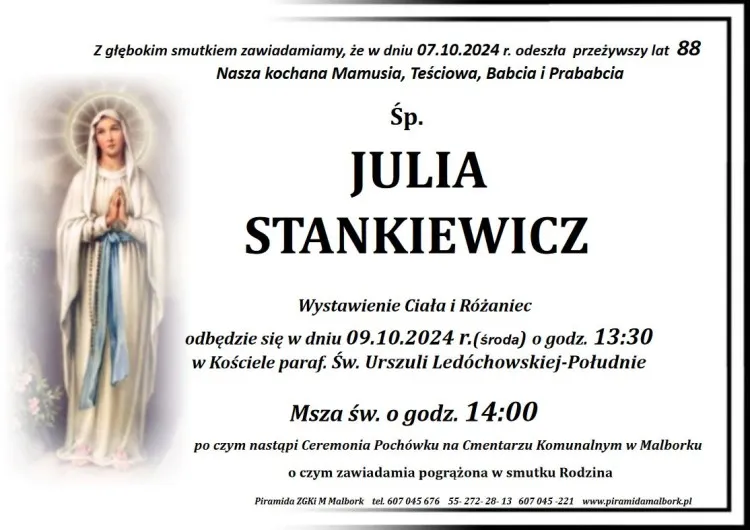 Zmarła Julia Stankiewicz. Miała 88 lat.