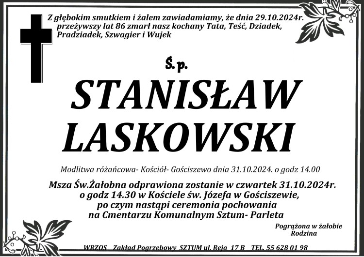 Zmarł Stanisław Laskowski. Żył 86 lat.