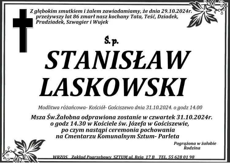 Zmarł Stanisław Laskowski. Żył 86 lat.