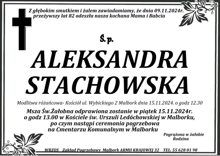 Zmarła Aleksandra Stachowska. Miała 82 lata.